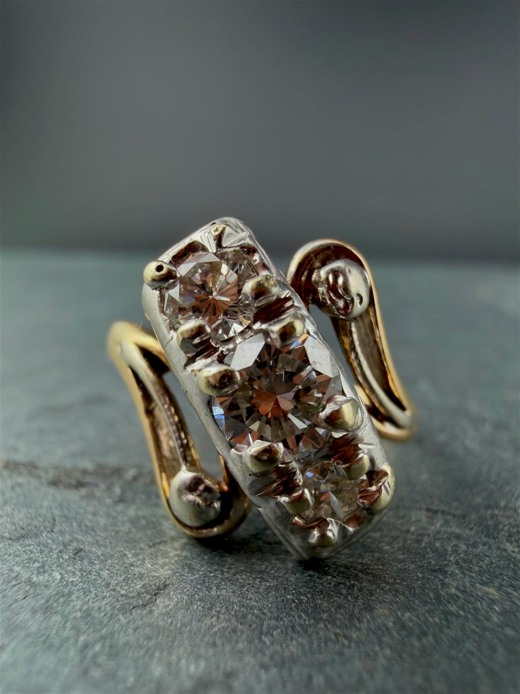14K Gold Diamond Ring • .65ct Center • 1.05ct Total • Sculptural Vintage Design
