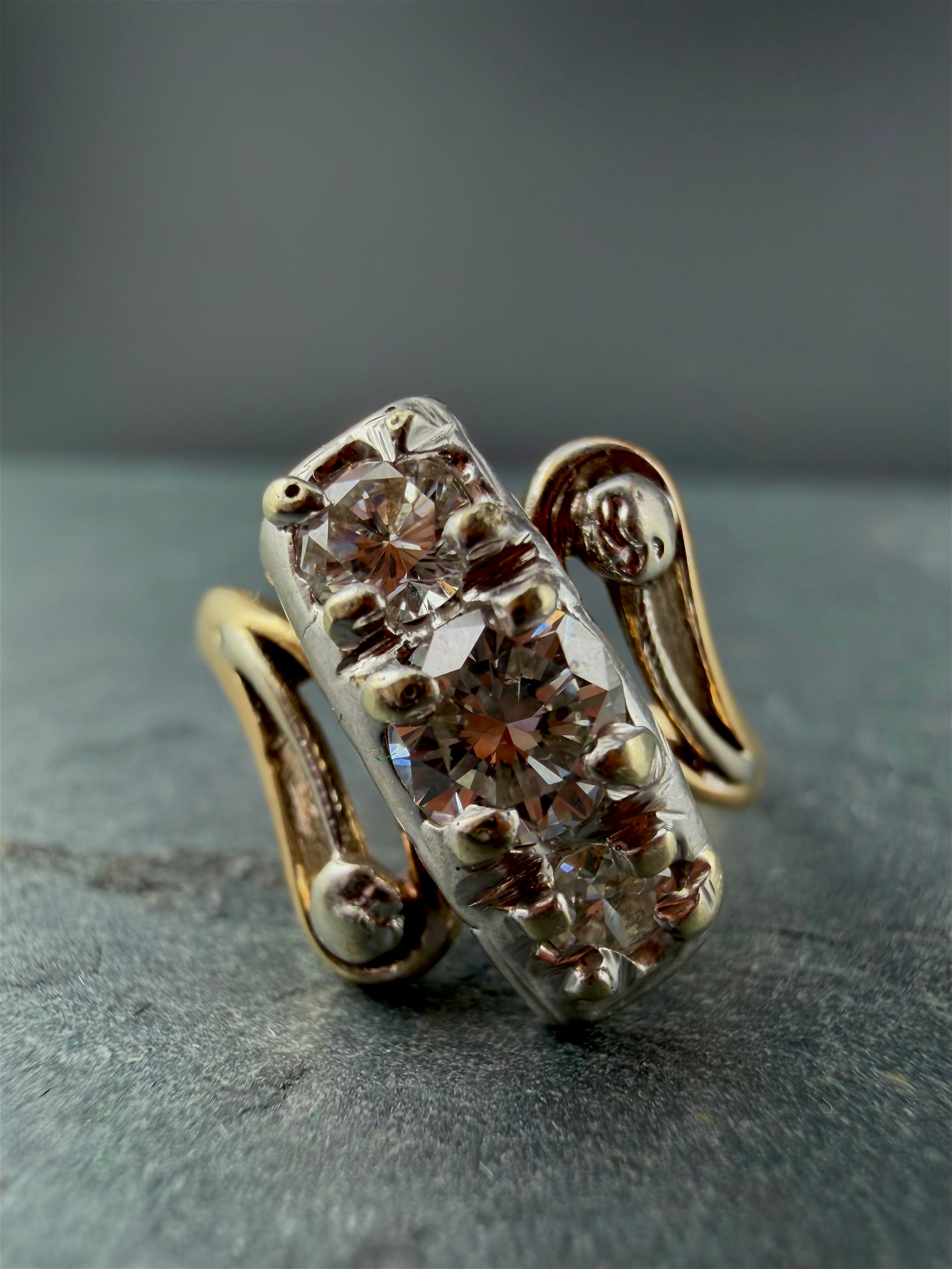 14K Gold Diamond Ring • .65ct Center • 1.05ct Total • Sculptural Vintage Design